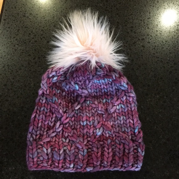 Hand Knit Merino Wool Beanie Hat With Faux Fur Pom